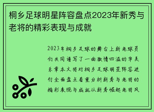 桐乡足球明星阵容盘点2023年新秀与老将的精彩表现与成就
